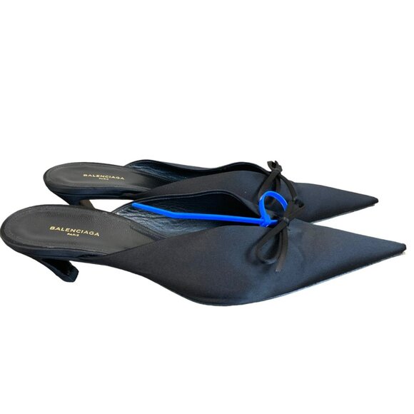 Balenciaga Knife Satin Mule In Black Size 8.5 Bow Kitten Heel Leather Designer - Picture 1 of 11